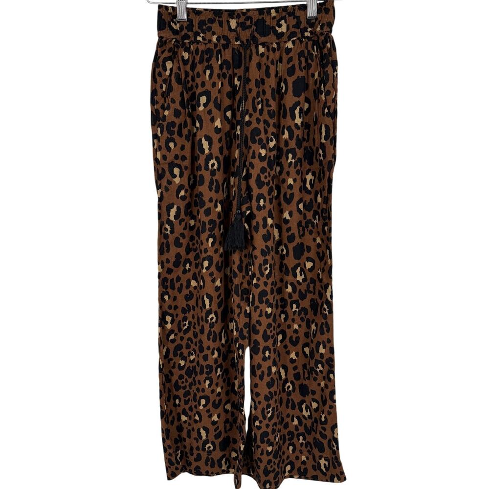 Cynthia Rowley Animal Print Linen Blend Wide Leg Pants SZ XS Brown Black Tassels